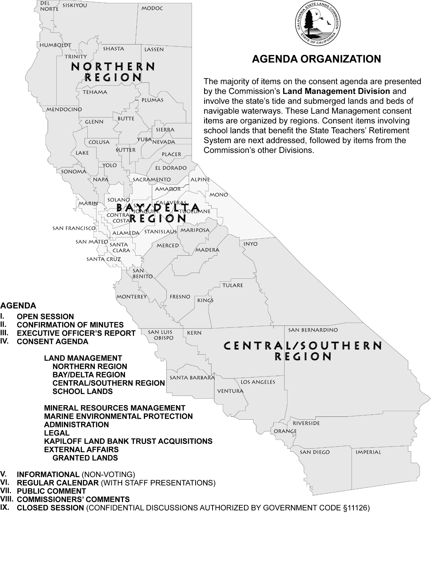 Regional map of the State of California with an outline of the meeting agenda printed beside it.